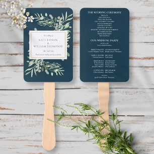 Greenery Deep Sea Blue Wedding Program Hand Fan
