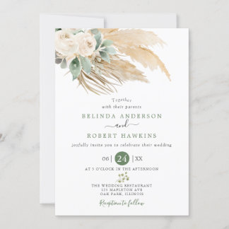 Greenery Desert Boho Rose Pampas Grass Wedding Invitation