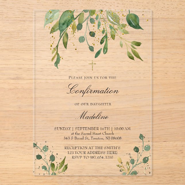 greenery design | Confirmation Acrylic Invitations (Front)