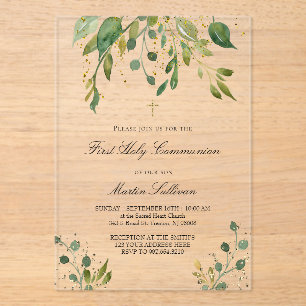 greenery design   First Communion Acrylic Invitations