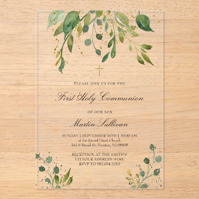 greenery design | First Communion Acrylic Invitations (Front)