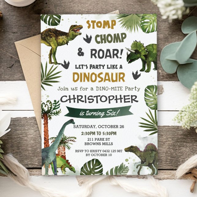 Greenery Dinosaurs Birthday Party Stomp Chomp Roar Invitation (Creator Uploaded)