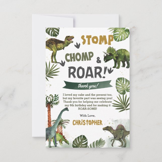 Greenery Dinosaurs Birthday Party Stomp Chomp Roar Thank You Card (Front)