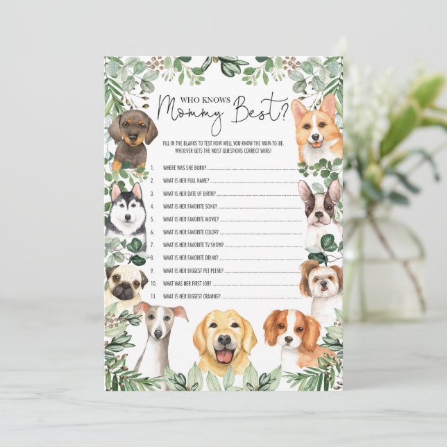 Greenery Dog Who Knows Mommy Best Shower Game Card (Standing Front)
