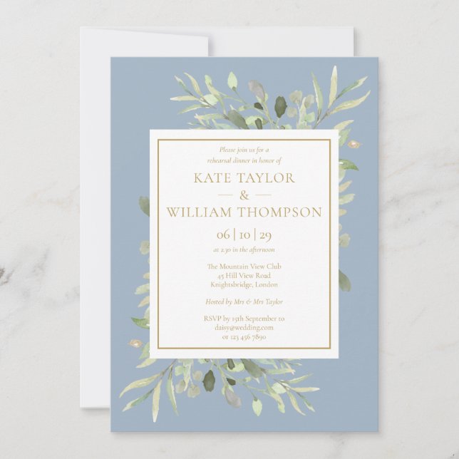 Greenery Dusty Blue And Gold Rehearsal Dinner Invitation (Front)