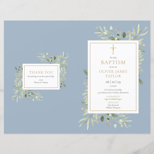 Greenery Dusty Blue Baptism Christening Program (Front)