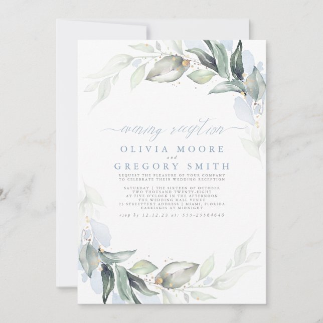 Greenery Dusty Blue Elegant Evening Reception Invitation (Front)