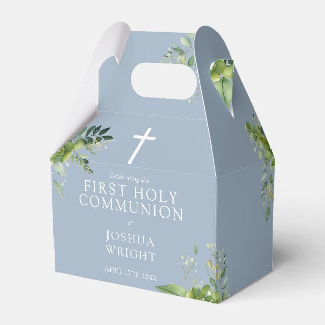 Greenery Dusty Blue First Holy Communion Favor Box (Back Side)