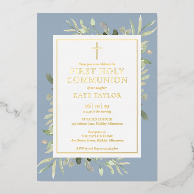 Greenery Dusty Blue First Holy Communion Gold (Front)