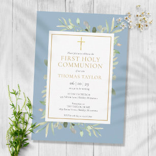 Greenery Dusty Blue First Holy Communion Invitation