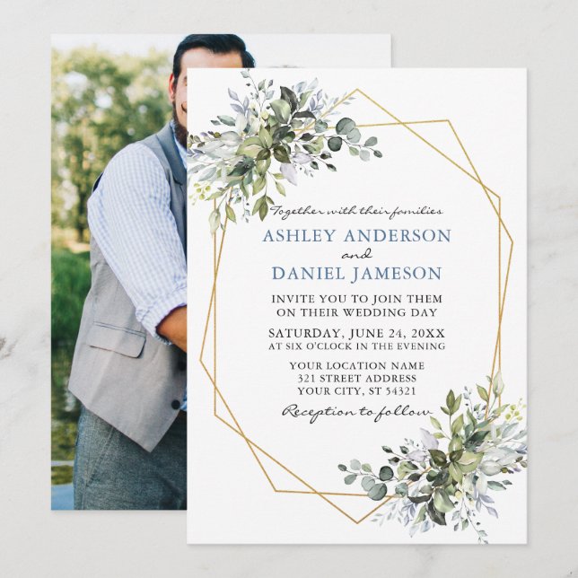 Greenery Dusty Blue Geo Frame Photo Back Wedding Invitation (Front/Back)
