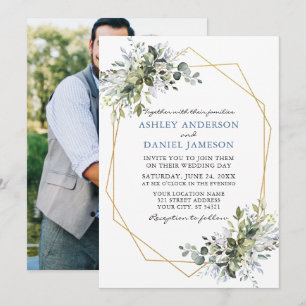 Greenery Dusty Blue Geo Frame Photo Back Wedding Invitation