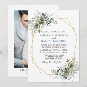 Greenery Dusty Blue Geo Frame Photo Wedding Invitation