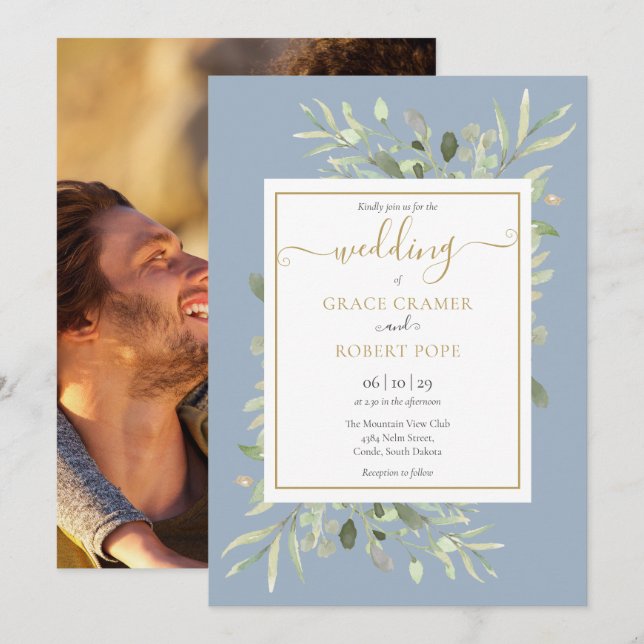Greenery Dusty Blue Gold Script Photo Wedding Invitation (Front/Back)