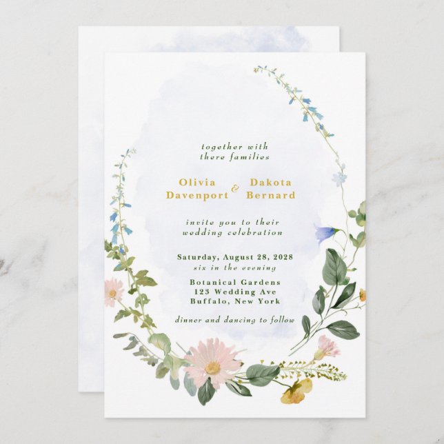 Greenery Dusty Blue Gold Wildflowers Wedding Invitation (Front/Back)