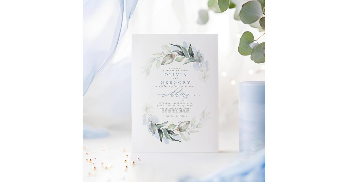 Greenery Dusty Blue Modern Elegant Wedding Invitation | Zazzle
