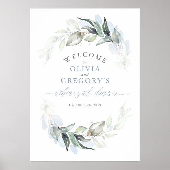 Greenery Dusty Blue Rehearsal Dinner Welcome Sign (Front)