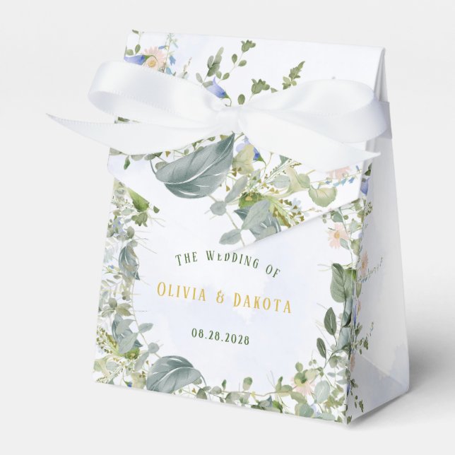 Greenery Dusty Blue Watercolor Wildflowers Wedding Favor Box (Front Side)