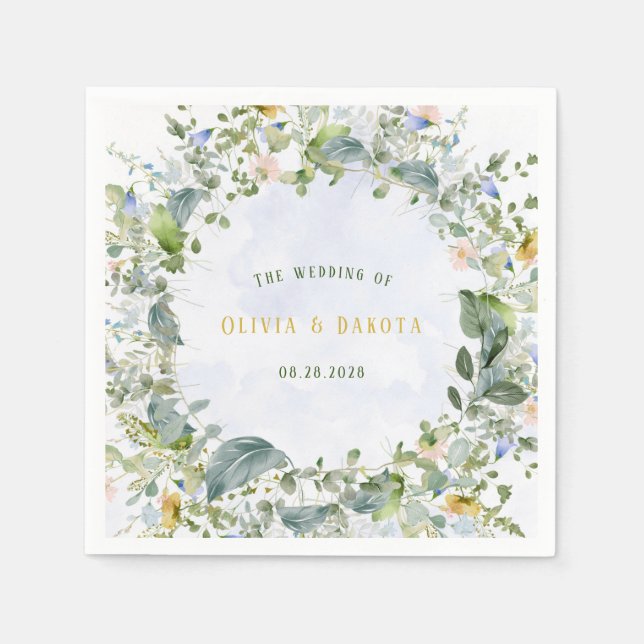Greenery Dusty Blue Watercolor Wildflowers Wedding Napkin (Front)