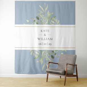 Greenery Dusty Blue Wedding Photo Booth Backdrop Tapestry