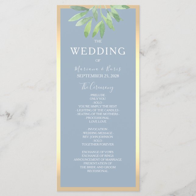 Greenery Dusty Blue Wedding Program (Front)