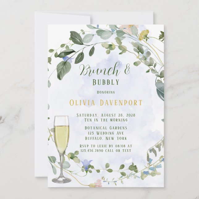 Greenery Dusty Blue Wildflower Brunch and Bubbly Invitation (Front)