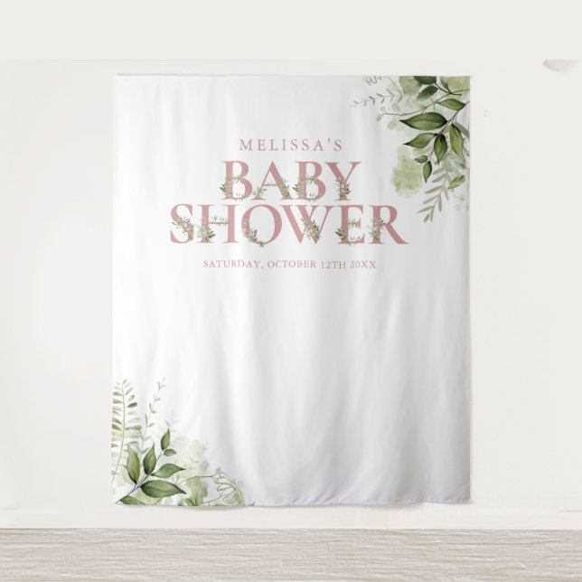 Greenery Dusty Rose Baby Shower Photo Backdrop Tapestry (Front)