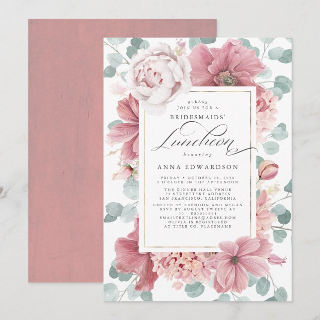 Greenery Dusty Rose Floral Bridesmaids Luncheon Invitation (Front/Back)