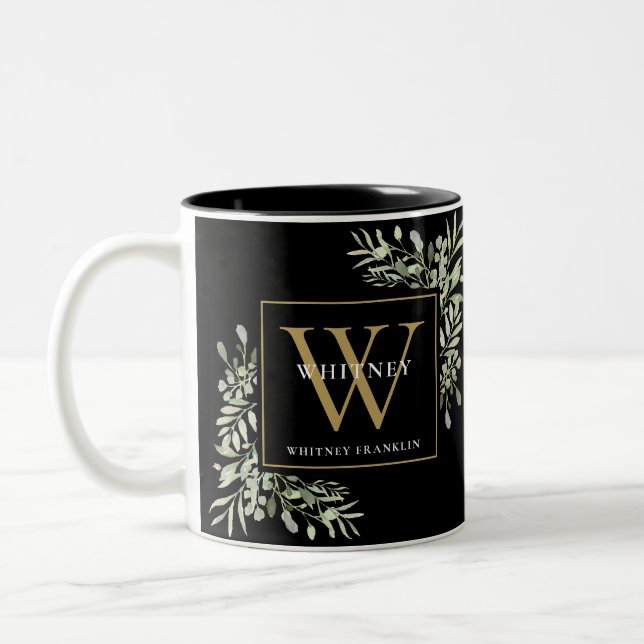 Greenery Elegant Black Gold Personalized Monogram  Two-Tone Coffee Mug (Left)