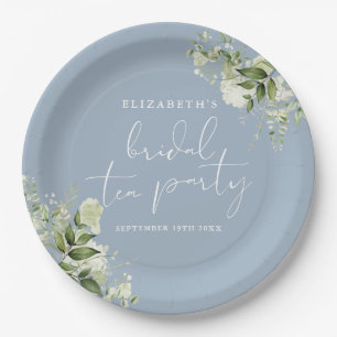 Greenery Elegant Dusty Blue Bridal Tea Party Paper Plate