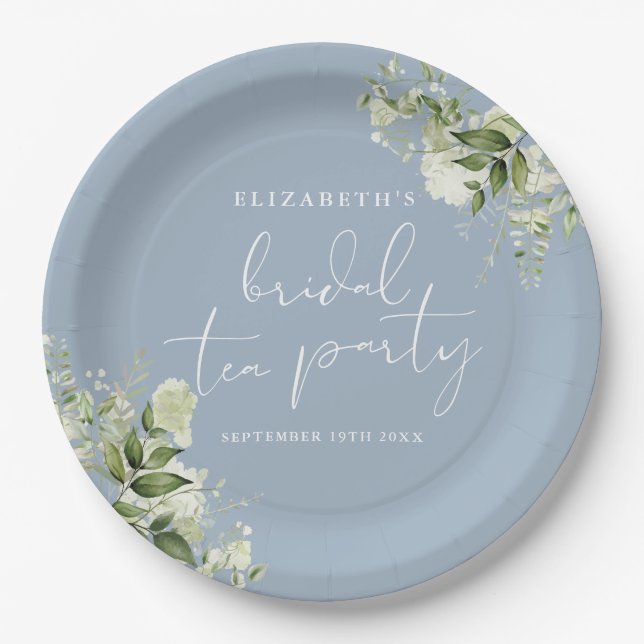 Greenery Elegant Dusty Blue Bridal Tea Party Paper Plate (Front)