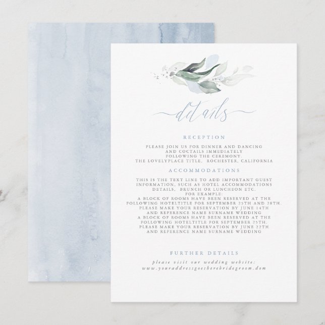 Greenery Elegant Dusty Blue Wedding Details Enclosure Card (Front/Back)