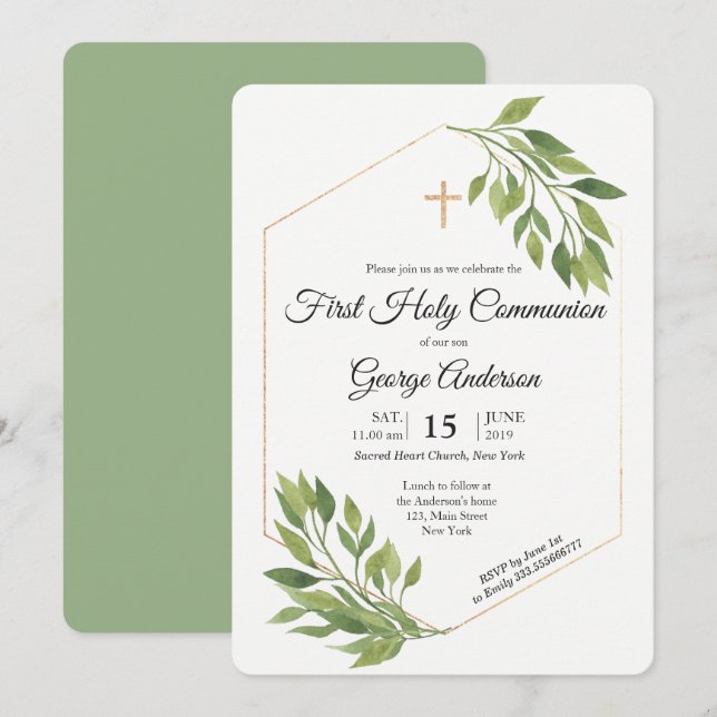 Greenery elegant First Communion Religious event Invitation (Front/Back)