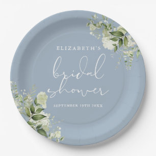 Greenery Elegant Floral Dusty Blue Bridal Shower Paper Plate