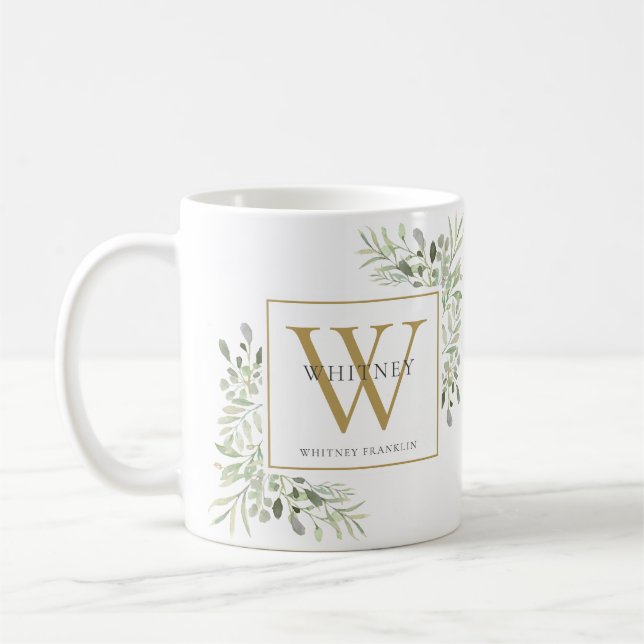 Greenery Elegant Gold Personalized Monogram Coffee Mug (Left)