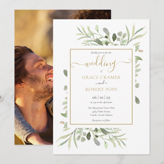 Greenery Elegant Gold Script Photo Wedding Invitation (Front/Back)