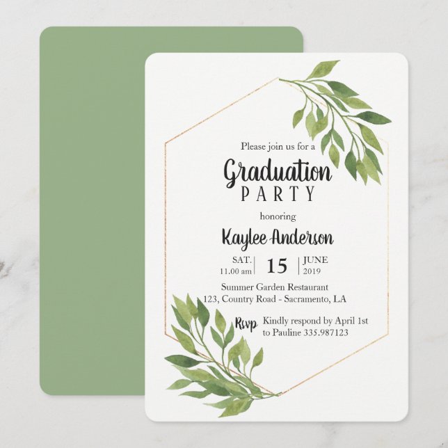 Greenery elegant Graduation Party card (Front/Back)