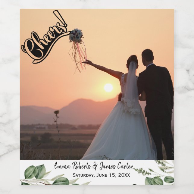 Greenery Elegant Wedding Photo Wine Label (Single Label)