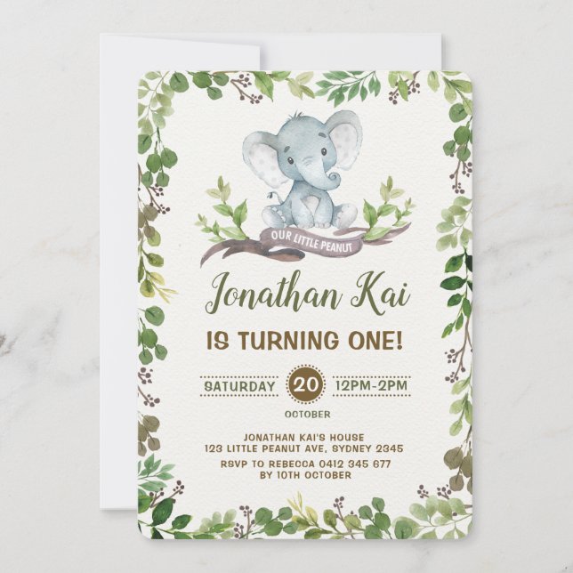 Greenery Elephant 1st Birthday Party Invite Rustic (Front)