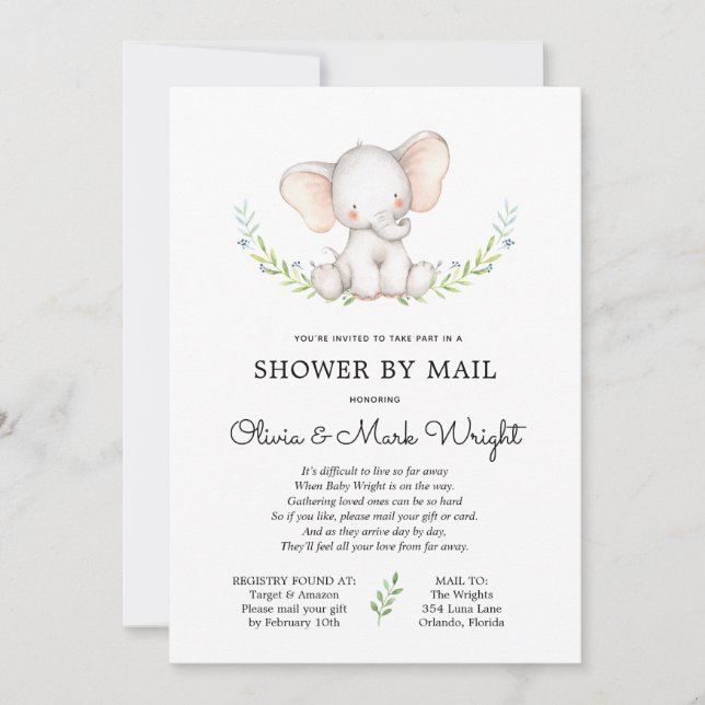 Greenery Elephant Baby Shower by Mail Invitation (Front)
