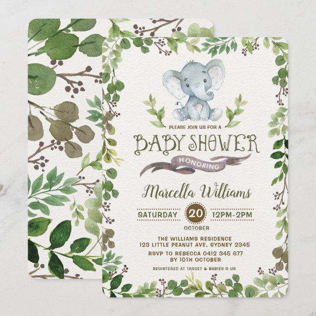 Greenery Elephant Baby Shower Invitation Botanical (Front/Back)