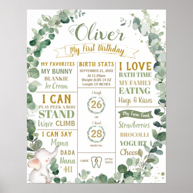 Greenery Elephant Birthday Milestone Birth Stats   Poster (Front)