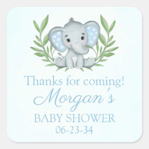 Greenery Elephant Blue Boy Baby Shower Square Stic Sticker