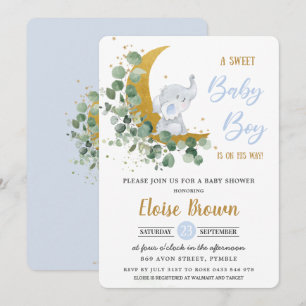 Greenery Elephant Moon Sweet Baby Boy Shower  Invitation