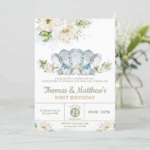 Greenery Elephant Twin Boys 1st Birthday Party  Invitation