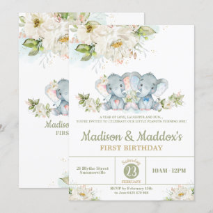 Greenery Elephant Twins Boy Girl Birthday Party Invitation