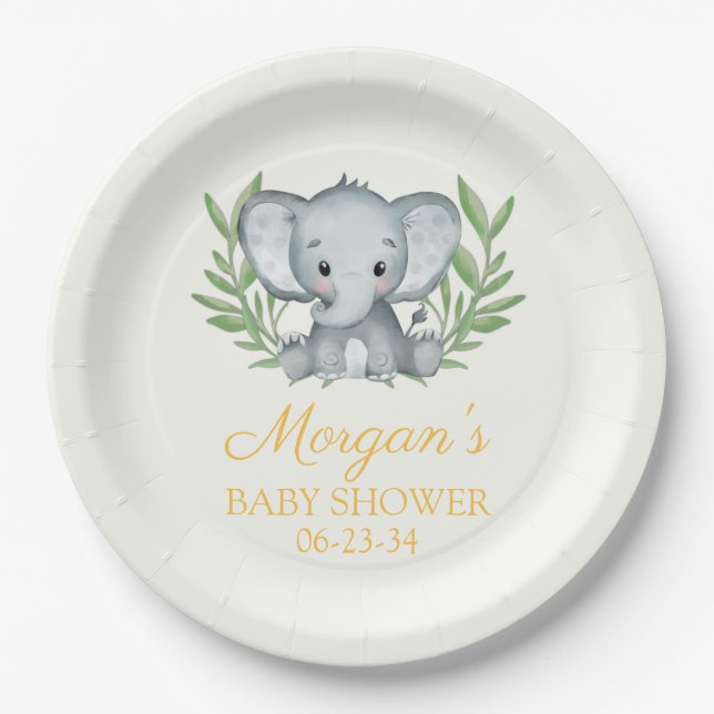 Greenery Elephant Yellow Neutral Baby Shower Paper Plate (Front)