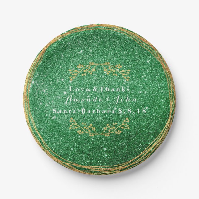 Greenery Emerald Green Gold Floral Glitter VIP Paper Plate (Front)