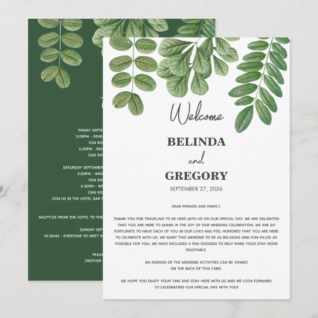 Greenery Emerald Green Wedding Itinerary  Program (Front/Back)