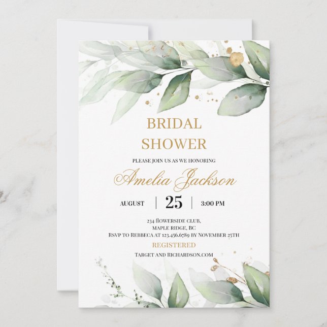 Greenery eucalyptus and gold sparkles bridal invitation (Front)